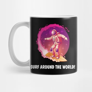 Astronaut in spacesuit standing on surfboard and surfing in milky way stars Mug